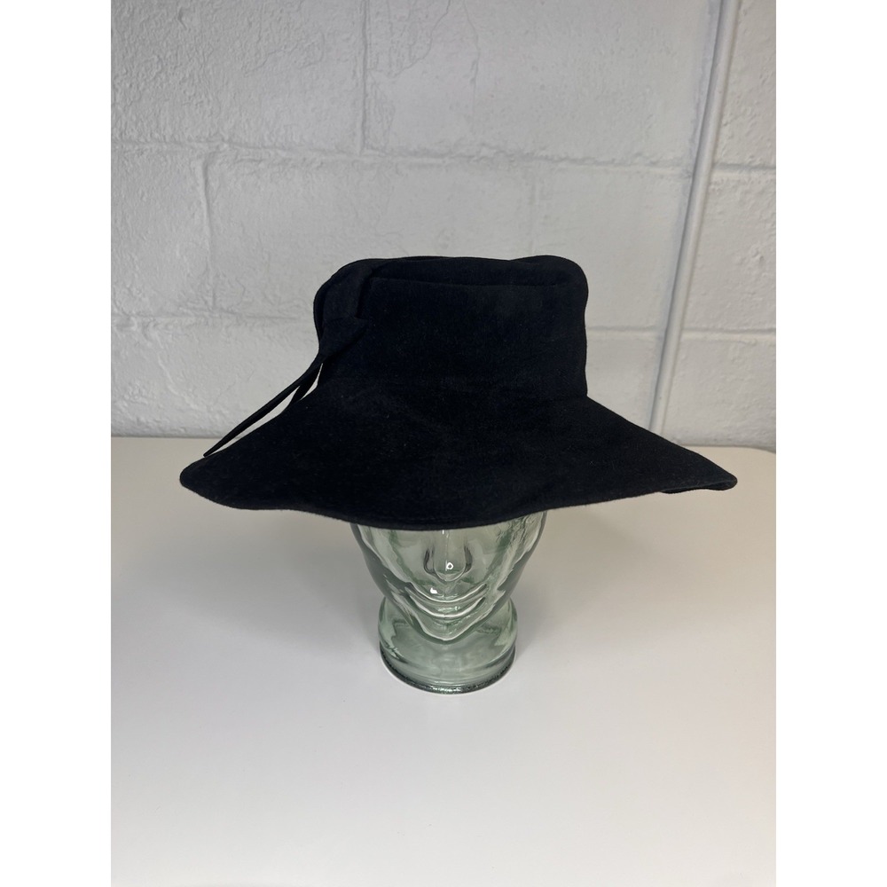 Patricia Underwood Black Wool Felt Hat Ribbon Bow Knot Floppy Cloche Bucket - Picture 3 of 12